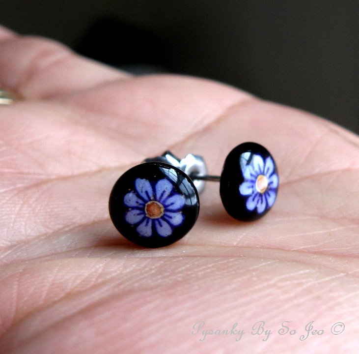 Tiny Purple Flower Stud Earrings Pysanky Jewelry by So Jeo